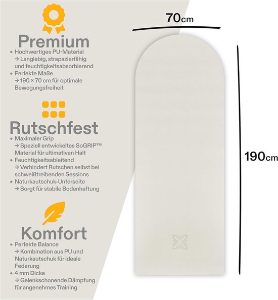 Antislip Yogamat - PU Mat met Hoge Grip & Natuurlijk Rubber - Ideaal voor Yoga, Pilates en Fitness - 190x70cm, 4mm Dikte — afbeelding 4