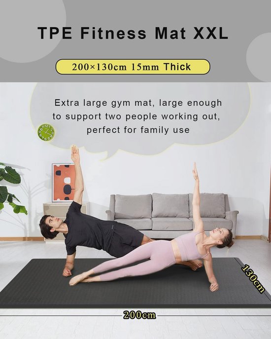 Grote Fitnessmat 200x130cm - 15mm Dikke Yogamat voor Thuis Gym & Yoga — afbeelding 2