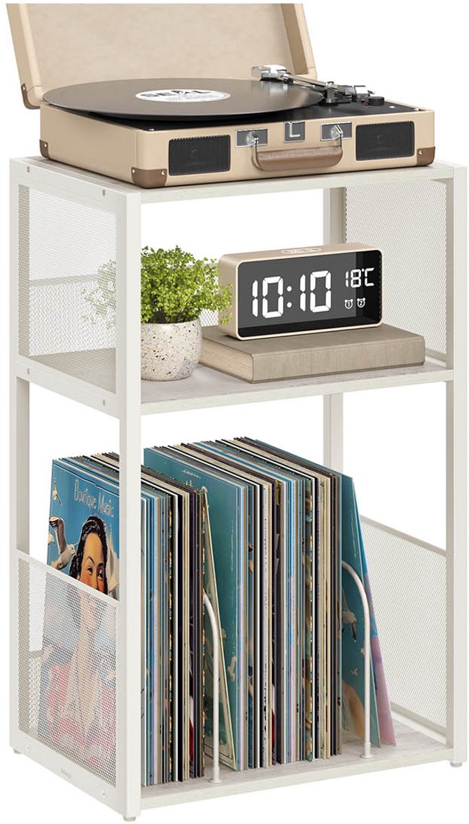 Platenspelerstandaard met 3 niveaus voor maximaal 100 albums, wit