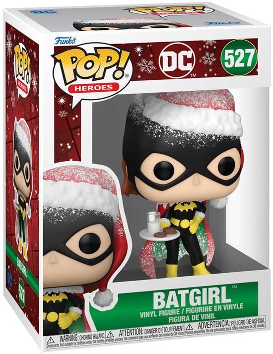Batgirl Funko Pop! Heroes figuur in kerstuitvoering in de verpakking, met kerstmuts, cape met kerstprint, zwart kostuum met gele accenten, met dienblad met glas melk en koekjes.