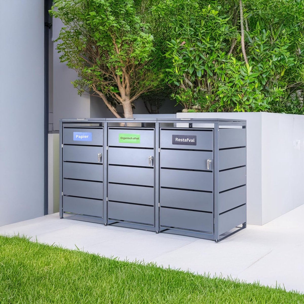 Albatros afvalcontainerbox voor 3 containers | tot 240 liter | antracietgrijs RAL 7016 | verzinkt staal | premium dempers | stickerset | weerbestendig | verstelbare poten | deurklink met slot | tuinbox — afbeelding 8