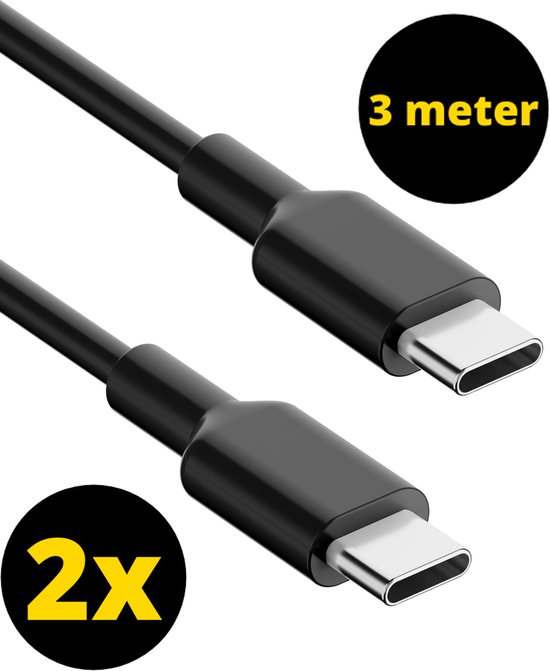 2x USB-C Oplader Kabel 60W 3 meter - USB-C Naar USB-C Kabel - Oplaadkabel - Lader - Laadkabel - Snellader - Universeel - Zwart