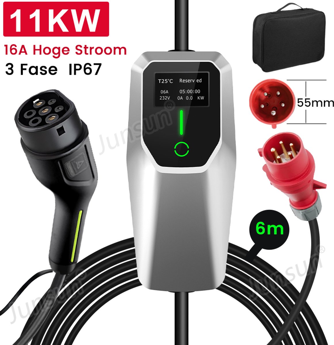 Krachtige Draagbare 3-Fase EV Laadkabel met LCD Scherm - 6M