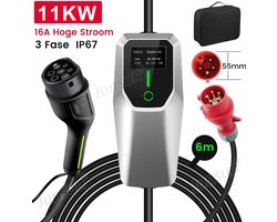 JUNSUN Draagbare 11kW 16A 3-Fase EV Laadkabel - Type 2 Laadpaal , 6M Kabel + LCD Scherm & Opbergtas - 6A/8A/10A/13A/16A Schakelbaar - IEC62196-2 & IP67