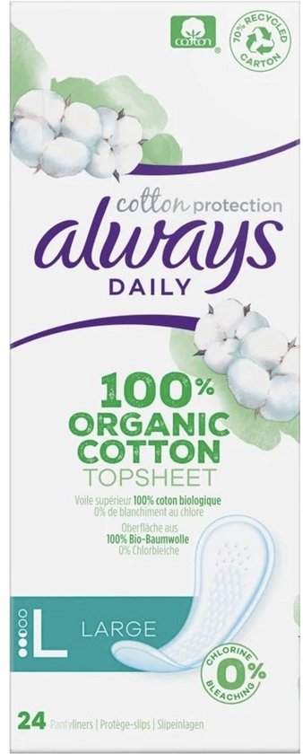 Always Dailies Large inlegkruisjes, 24 stuks, met 100% biologisch katoen topsheet en zonder chloorbleking.