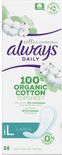 Always Dailies Large inlegkruisjes, 24 stuks, met 100% biologisch katoen topsheet en zonder chloorbleking.