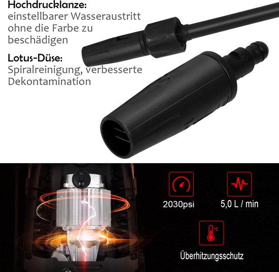 COSTWAY Hogedrukreiniger 1500W, 140 bar, 300 l/h draagbare hogedrukreiniger met Lotus-mondstuk en hogedruksproeier, langere draden en tuinslang, geschikt voor het reinigen van tuin, auto, huis (rood) van Costway — afbeelding 5