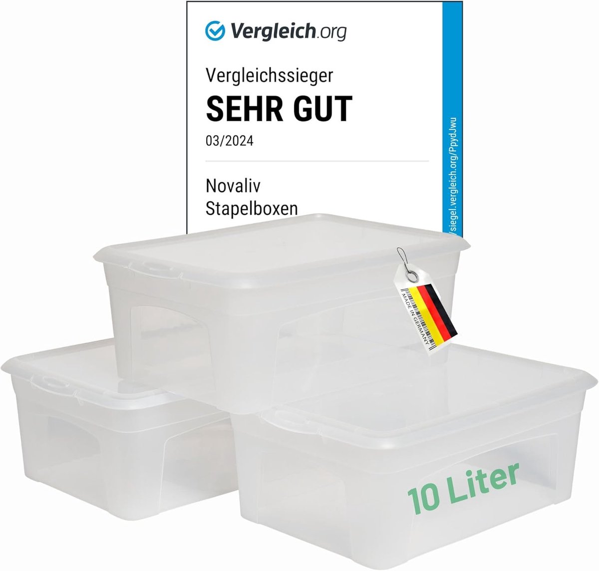 3x opbergdozen met deksel 10L transparante dozen stapelbaar nestbaar opbergdozen met clipsluiting kunststof BPA-vrij 37x26x14 cm