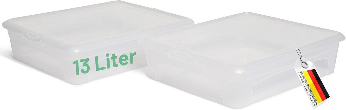 2x Opbergdoos transparant met deksel 13L Nestbare stapelbare kunststof doos Platte clipsluiting Kunststof doos Transparant BPA-vrij 41x34x10 cm