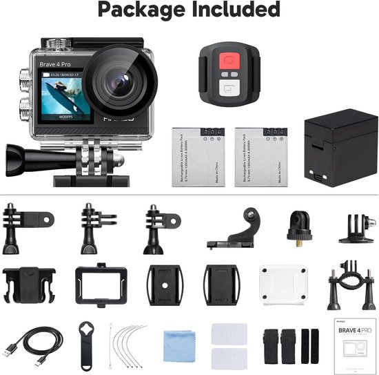 Inhoud van de AKASO Brave 4 Pro verpakking: camera, waterdichte behuizing, afstandsbediening, batterijen, oplader en diverse bevestigingsaccessoires.