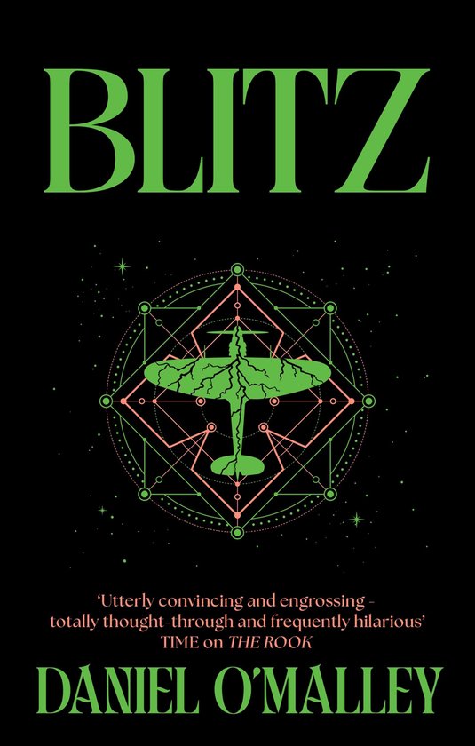 Boek kaft met de titel BLITZ in groene letters. Centraal een groene vliegtuig op een geometrisch patroon met roze en groene stippen.