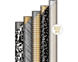 5 rollen cadeaupapier - Luxe zwart en goud - Rollen inpakpapier- Dubbelzijdig- 50 cm x 3 m - Kadopapier voor jongeren en volwassenen- FSC- Watergedragen inkt