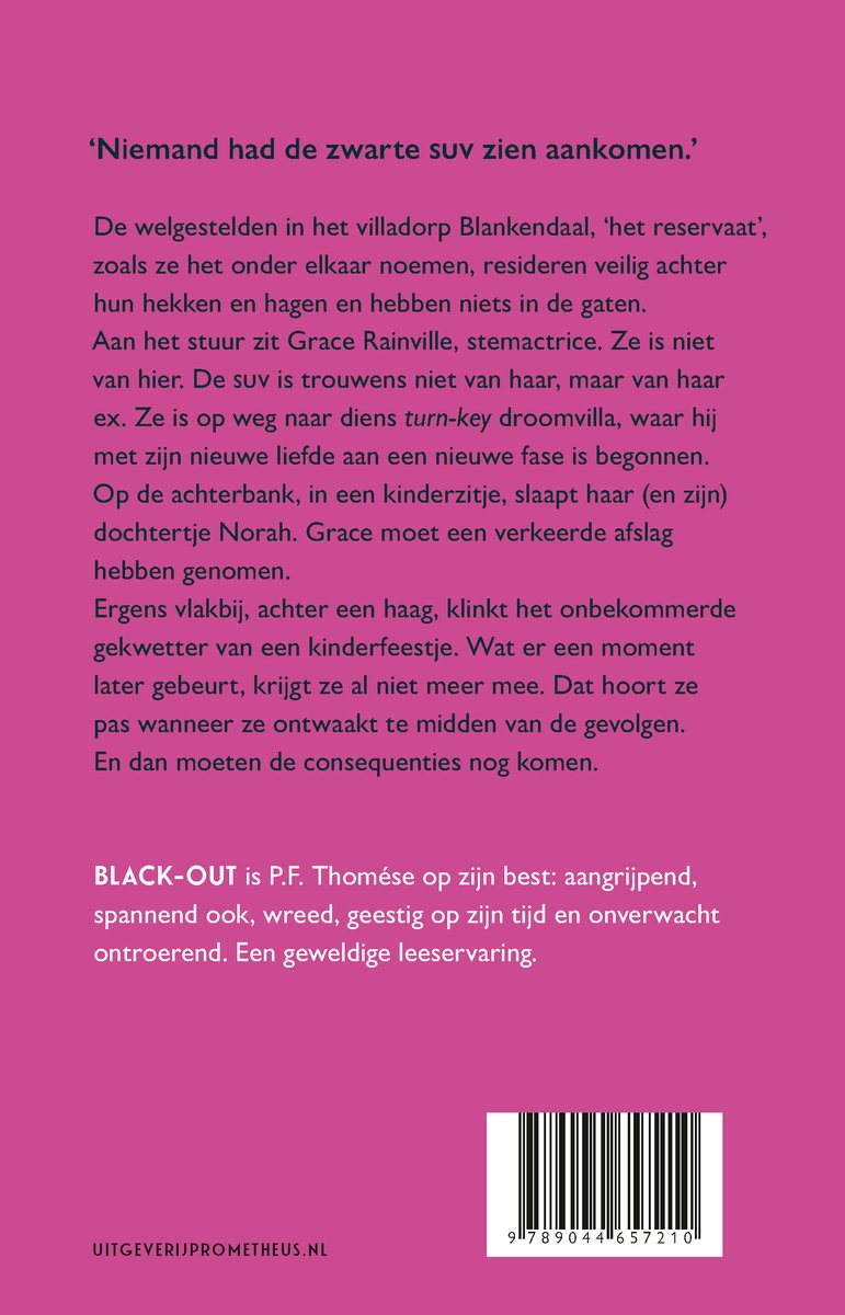 Achterkant van het boek 'Black-out'. Met tekst en ISBN.