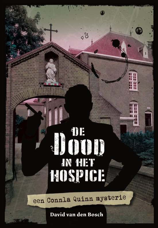Een man met silhouet houdt een sigaar vast voor een hospice met een kruis en een standbeeld. De tekst "DE DOOD IN HET HOSPICE" staat op zijn rug.