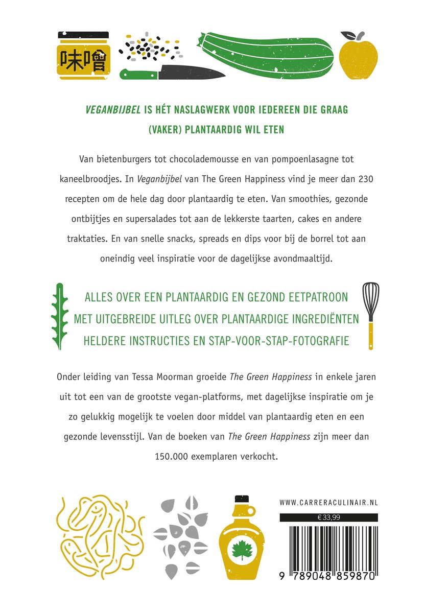 Veganbijbel Kookboek: tekst en illustraties van groenten, fruit en kookgerei.