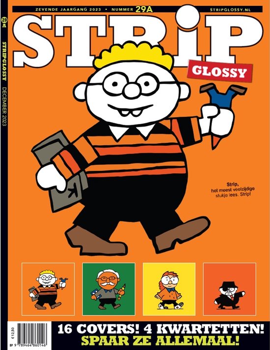 StripGlossy nummer 29A. Een cartoonfiguur met bril en gele krullen houdt een boek vast en zwaait met een stripboek. Oranje achtergrond.
