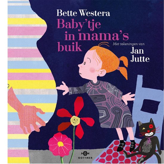Couverture d'un livre pour enfants intitulé 'Baby'tje in mama's buik'. Dessin d'un ventre de femme enceinte, d'une petite fille, d'un chat et de fleurs.