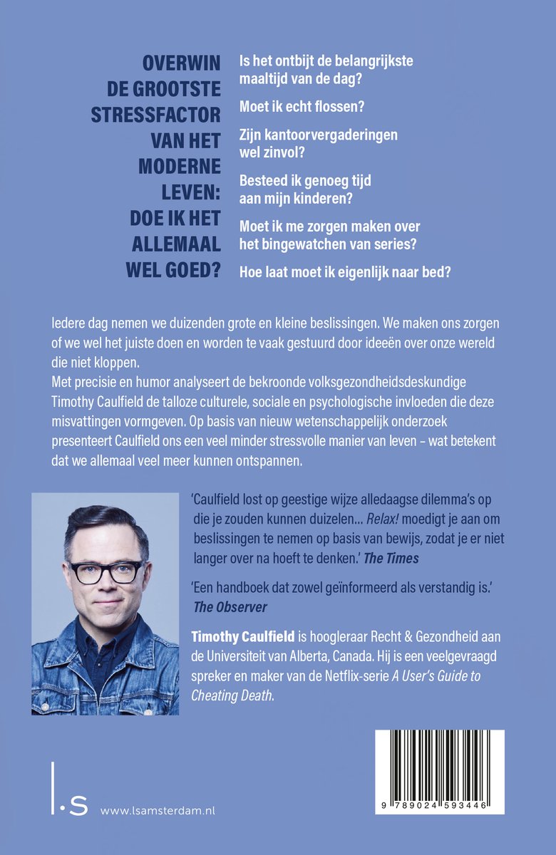 Boek "Relax!" met een foto van Timothy Caulfield, die een bril draagt en een blauw pak.