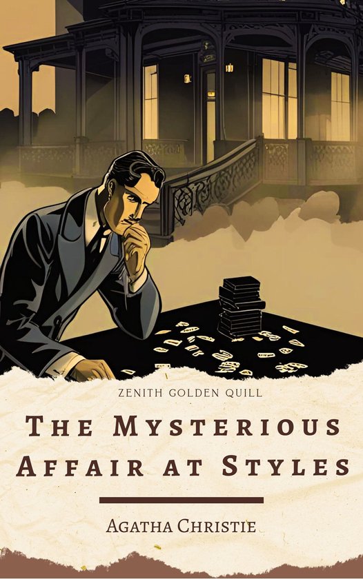 Een man in pak zit aan een tafel met kaarten en een stapel boeken. De titel 'The Mysterious Affair at Styles' staat prominent in beeld.