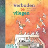 Boek 'Verboden te vliegen' met een illustratie van een meisje dat duiven voedt op een dak, met vliegtuigen in de lucht.