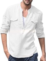 LVCBL Heren Katoen Linnen Shirt Herfst Winter Heren Overhemd Lange Mouwen Regular Fit Casual Shirt Wit XXL