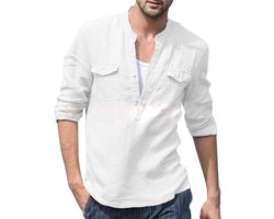 LVCBL Heren Katoen Linnen Shirt Herfst Winter Heren Overhemd Lange Mouwen Regular Fit Casual Shirt Wit XXL