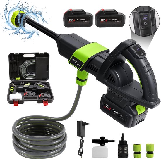 Accu Hogedrukreiniger 1200W 120 BAR – Borstelloze Motor – Inclusief 2x Accu + Lader – 6-in-1 Spuitpistool (Incl. Schuimfunctie) – Zeer Krachtig voor Auto, Terras & Gevel​