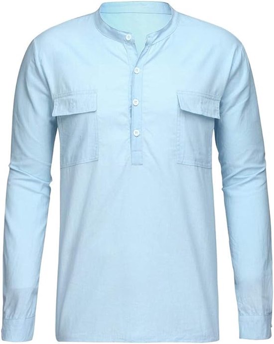 Hemelsblauwe katoenen henley blouse met lange mouwen en twee borstzakken.