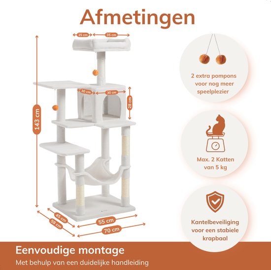 Dimensions de l'arbre à chat blanc avec texte sur le montage et la capacité de charge.