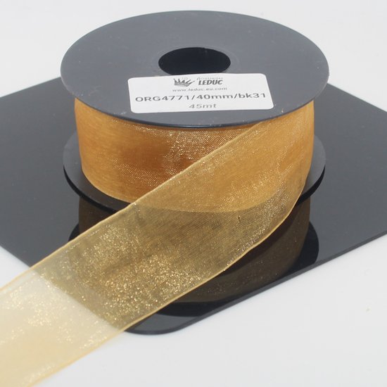 Lichtbruin organza lint op rol, 40mm breed, met glinsterende draadjes. "ORG4771/40mm/bk31 45mt"
