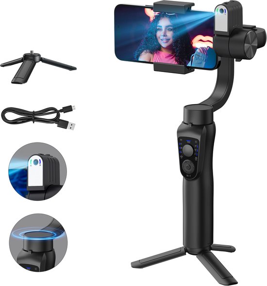 ZENC® Gimbal Smartphone Stabilizer – 3-Assig – Stabilisator – AI Tracking – Selfie Stick – Inklapbaar – 3600mAh – Powerbank – Zwart
