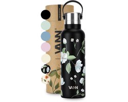 VANN® 100% RVS Thermosfles 600 ML voor volwassenen – 3-wandige isolatie – Geen plastic – Drinkfles – 24 uur koud/12 uur warm – Witte bloemen – VANN ESSENTIAL BOTTLE®