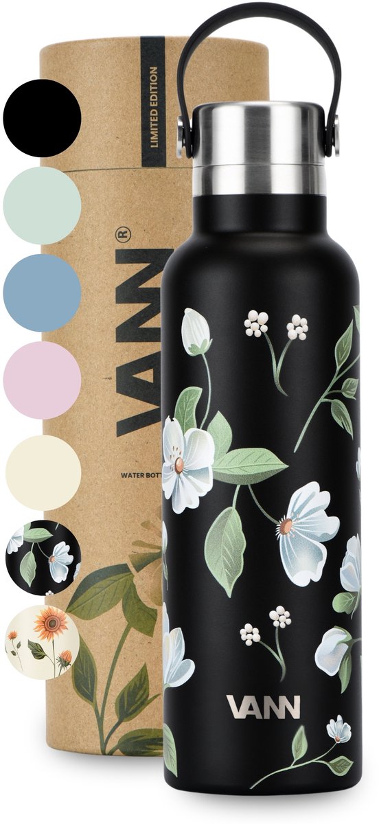 VANN® 100% RVS Thermosfles 600 ML voor volwassenen – 3-wandige isolatie – Geen plastic – Drinkfles – 24 uur koud/12 uur warm – Witte bloemen – VANN ESSENTIAL BOTTLE®