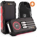 JIR Tech® - Solar Powerbank 30 000 mAh - Ingebouwde kabels - Solar Charger - Powerbank Zonneenergie - Draadloos opladen - Wireless charger - Snellaadfunctie - Snel Laden - Rood - Usb C - Noodpakket - Zaklamp - Meerdere Apparaten
