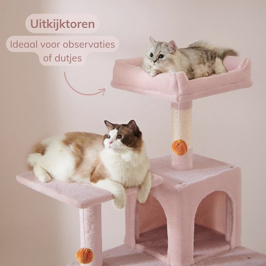 Roze kattenkrabpaal met twee katten op de observatieplatforms.