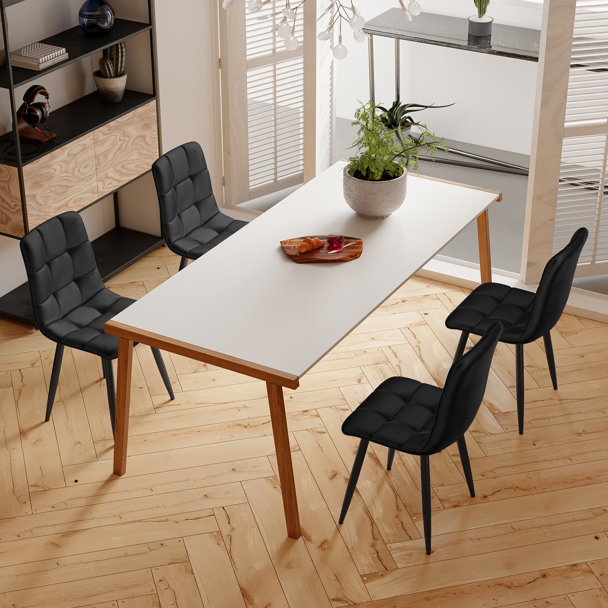 Set van 4 eetkamerstoelen, fluwelen keukenstoel, metalen poten, Max. 150 kg, zwart