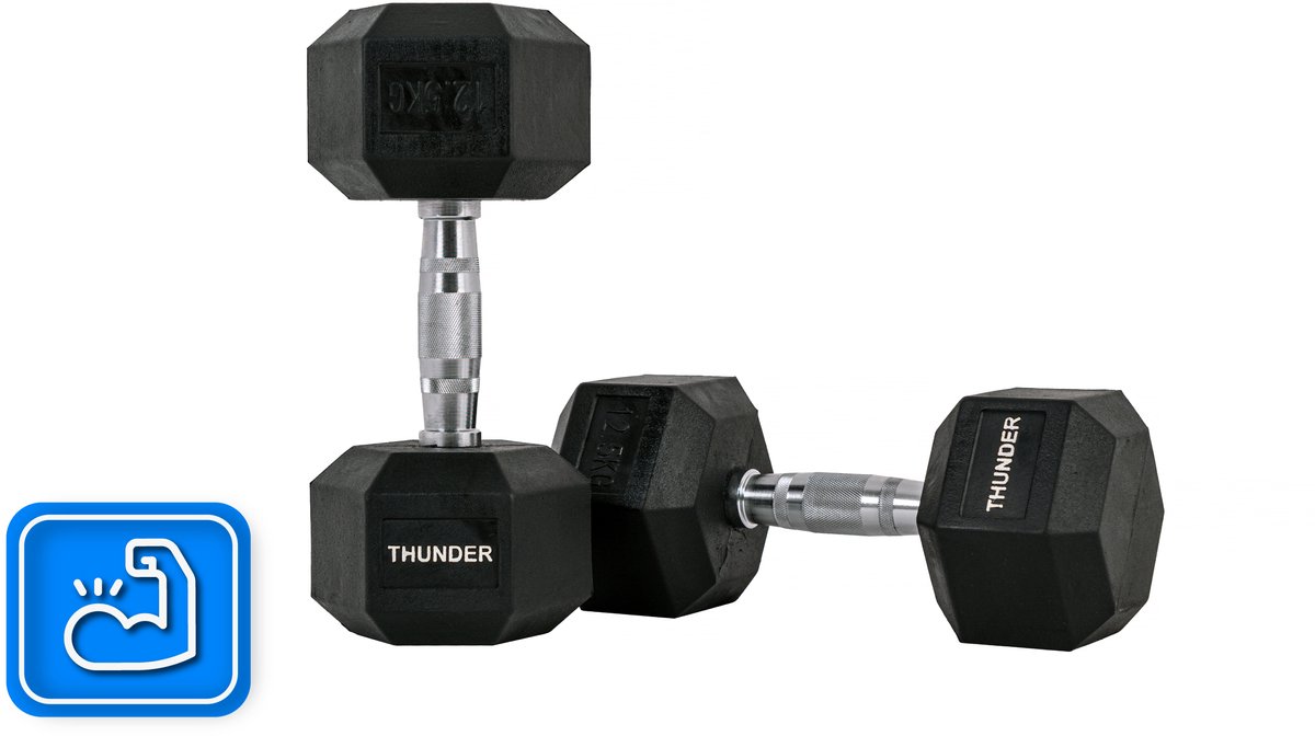 THUNDER® HEXAGONAL-DUMBBELLS-12,5KG Zwarte Rubberen Halter Stalen Kern Voor Krachttraining & Fitness Antislip Duurzaam & Professioneel Per Stuk - Stevige Grip – foto 6