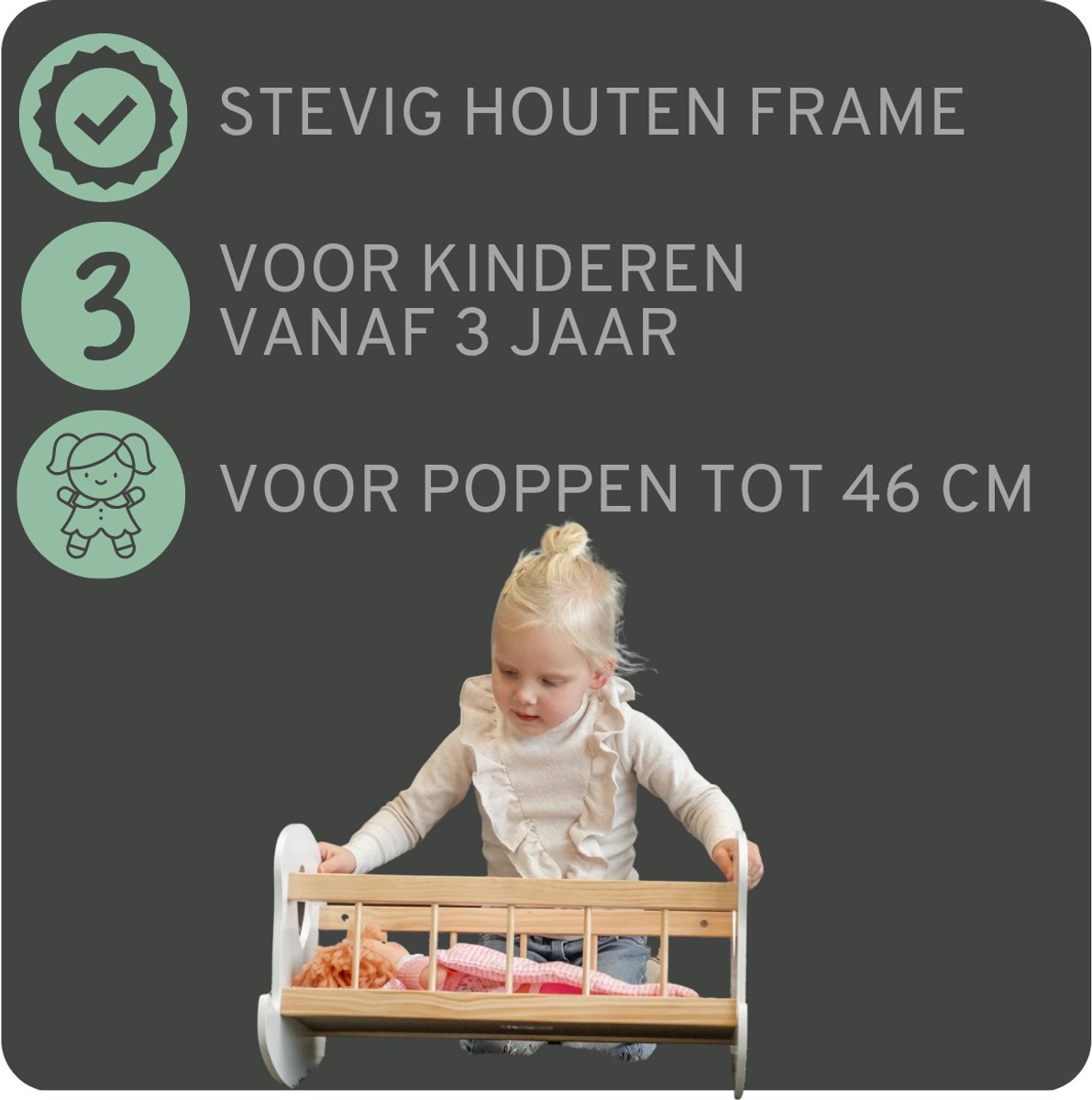 Bandits & Angels Houten Poppenbedje Sweet Dreams Wit Hout met Hart - Poppenbed Hout - Geschikt voor Pop tot 46 cm - Inclusief Dekentje - Poppen Bed - Poppen Meubel — afbeelding 12