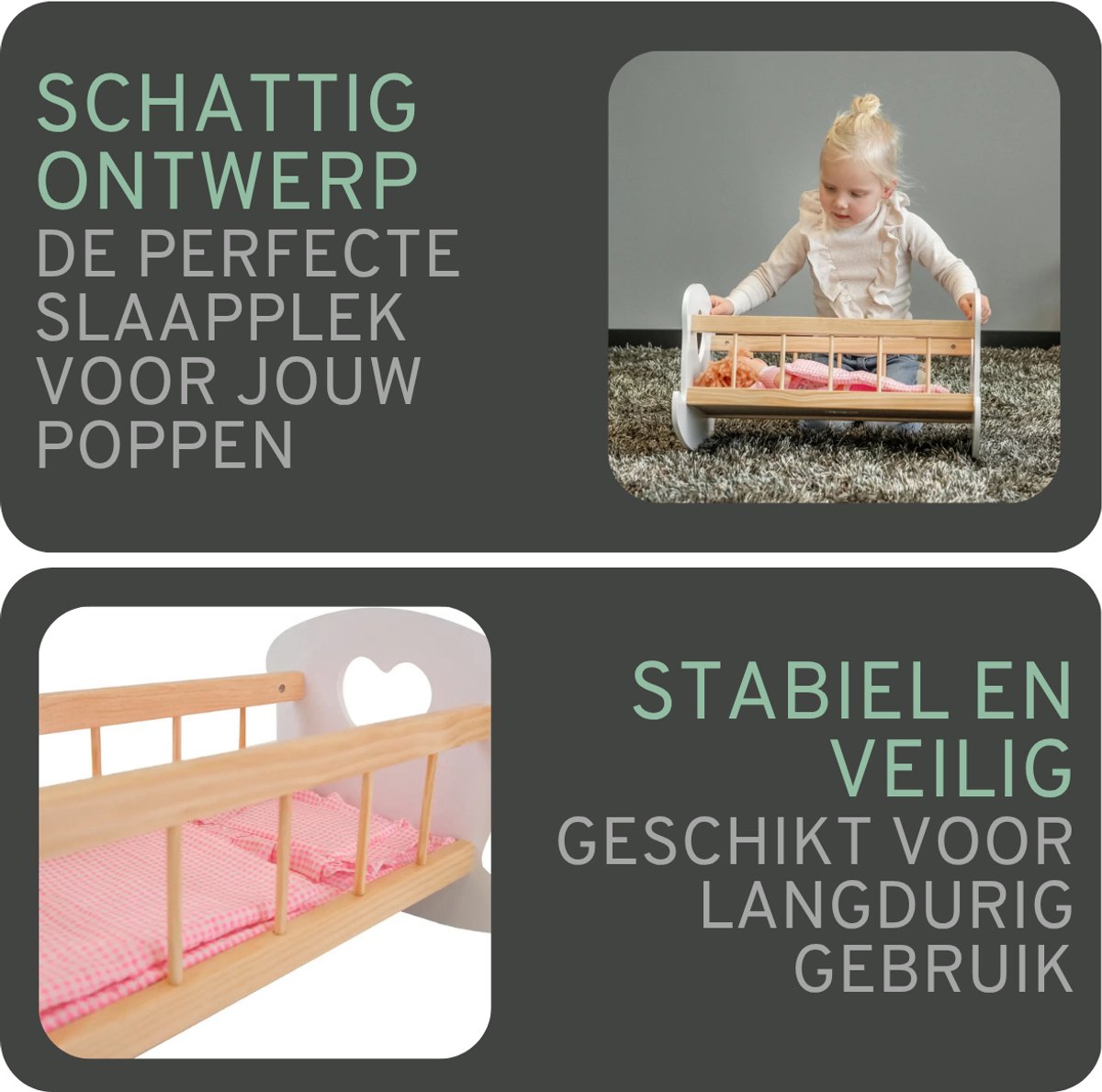 Bandits & Angels Houten Poppenbedje Sweet Dreams Wit Hout met Hart - Poppenbed Hout - Geschikt voor Pop tot 46 cm - Inclusief Dekentje - Poppen Bed - Poppen Meubel — afbeelding 10
