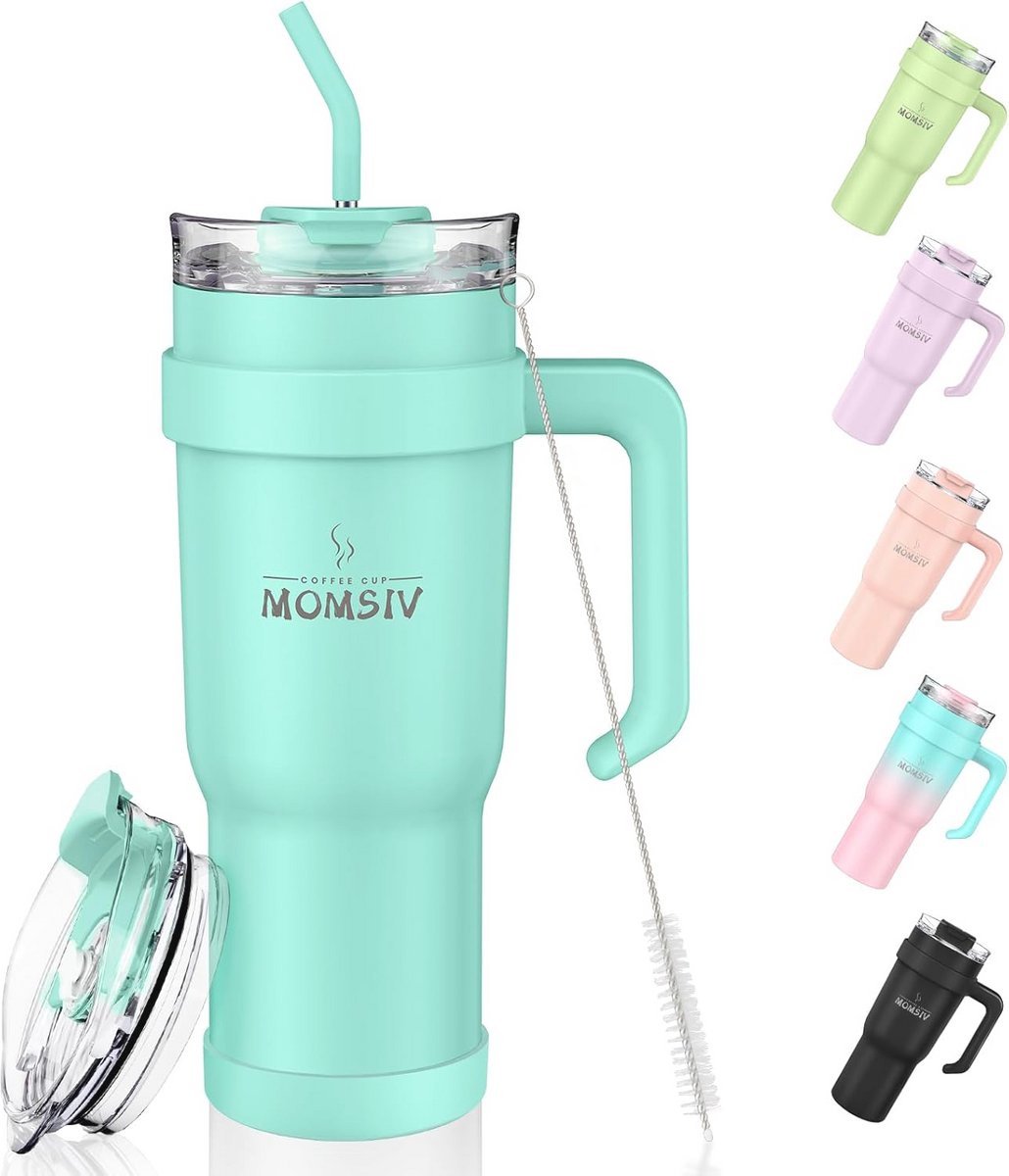 Grote 40 oz Beker met Handvat en Rietje - Dubbelwandige Geïsoleerde Reismok, 1100 ml Roestvrij Staal, Lekvrij voor Warme en IJskoude Dranken - Mint-Blauw