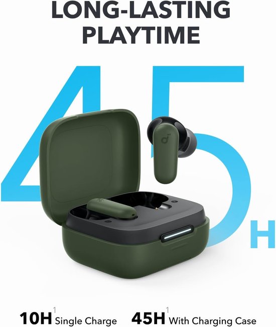 Groene oordopjes met bijbehorende oplaadcase. "LONG-LASTING PLAYTIME"