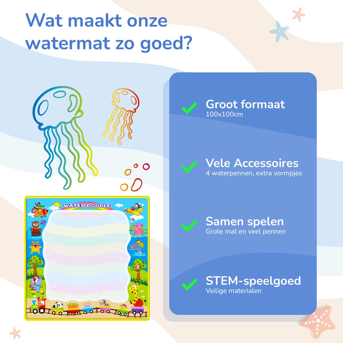Water Tekenmat met 18 Accessoires - Met 4 Waterpennen - Speelgoed 2 Jaar - Speelgoed 3 Jaar - Speelgoed 4 Jaar - Speelgoed 5 Jaar - Montessori Speelgoed - Educatief Speelgoed - Jongens Speelgoed - Meisjes Speelgoed - Kinderspeelgoed — afbeelding 5