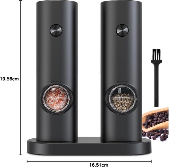 Zwarte elektrische molenset van 19,56 cm hoog en 16,51 cm breed, met twee molens op een standaard.