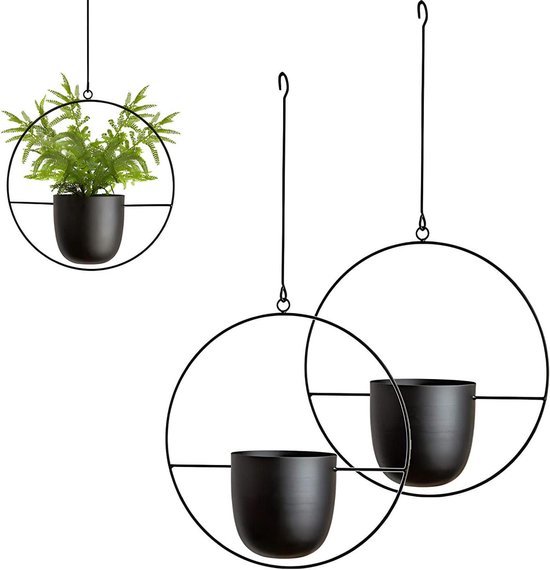 BDHYYM 2 stuks hangende plantenhangers, voor binnen, metalen ring met houten sokkel, hangpot voor planten, hangende bloempot, hangende bloempot, hangende plantenhanger, hangende plantenpot, ophanghaak