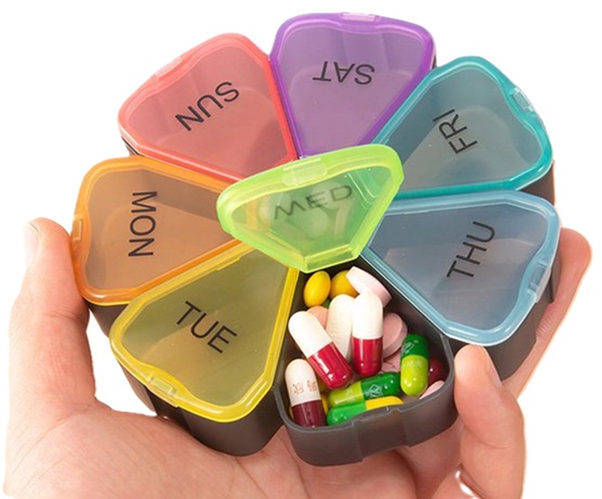Goedkoopste Medicijnendoosje Rond Bloem I Pillendoosje I Pillendoos I Medicijn doosje I Pil Box I 7 dagen I Multicolor/Zwart