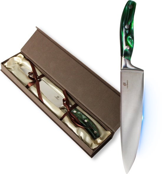 Ferberzi Professioneel Koksmes - 20 cm - Ergonomisch Keukenmes - Mes - Luxe Geschenkdoos - Groen