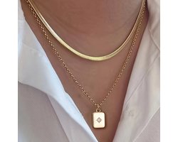 2-delige Rechthoekige Ketting met Zirkonia Steen - Roestvrijstaal - Goudkleurig - Halsketting met Slangenpatroon - Verstelbare Lengte - Sieraad voor Festivals, Vakantie, School en Dagelijks Gebruik - Moederdag Tip