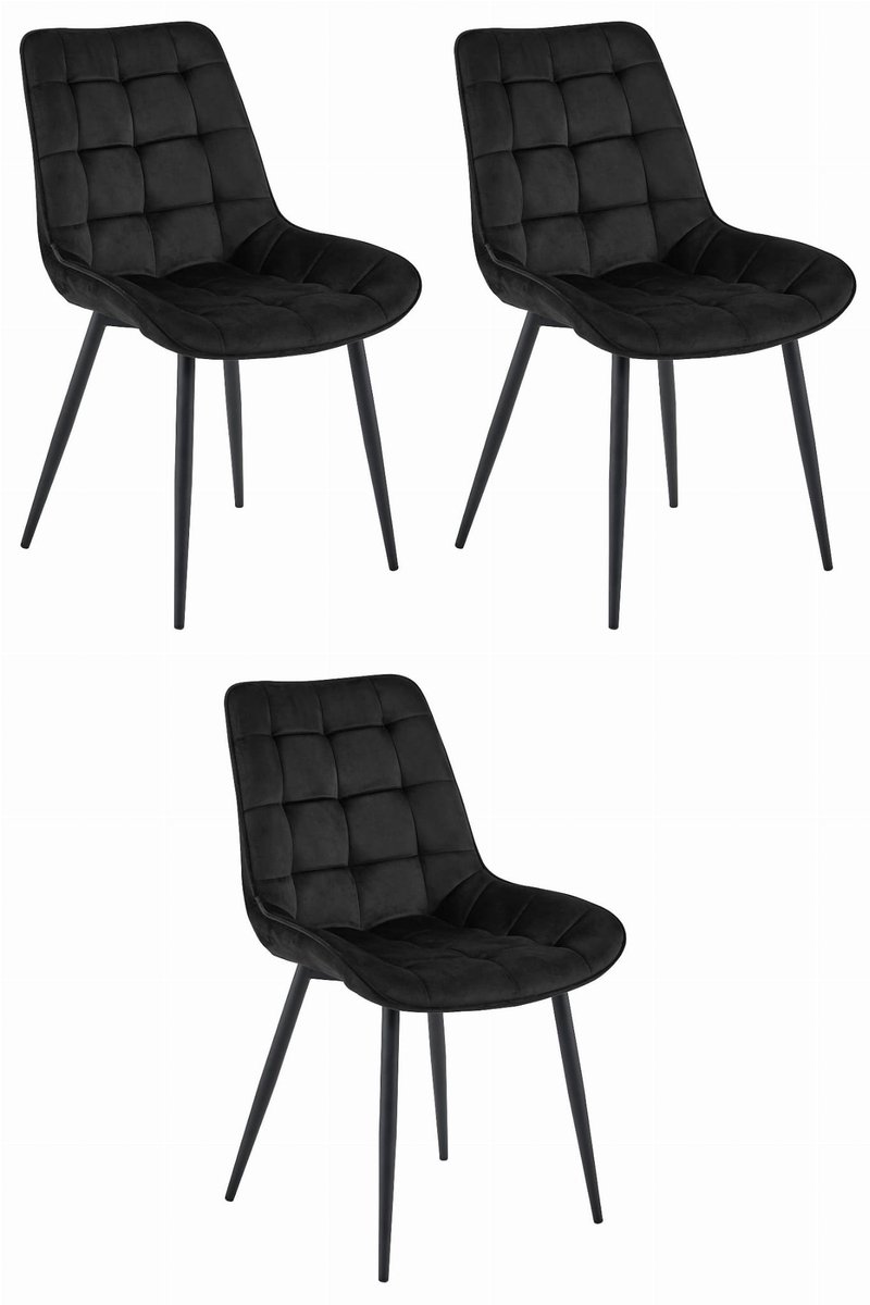 LEOBERT Set van 3 Eetkamerstoelen BERA – Zwart Velvet / Fluweel – Gestoffeerde Zitting – Zwarte Metalen Poten – Modern Scandinavisch Design – Voor Eetkamer, Keuken en Woonkamer