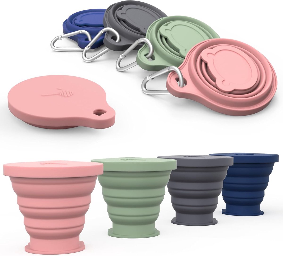 Goedkoopste Opvouwbare beker, inklapbare siliconen beker met kunststof deksel, herbruikbare draagbare bekerset voor picknick, camping, outdoor wandelreizen (4-packs-N