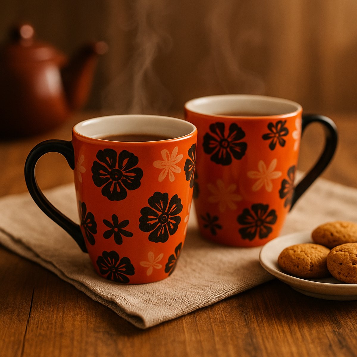 Mokken - Koffiekop - Theemok - Thee mokken - mokken set van 2 - Keramiek - Handgeschilderd - Oranje met bloemen